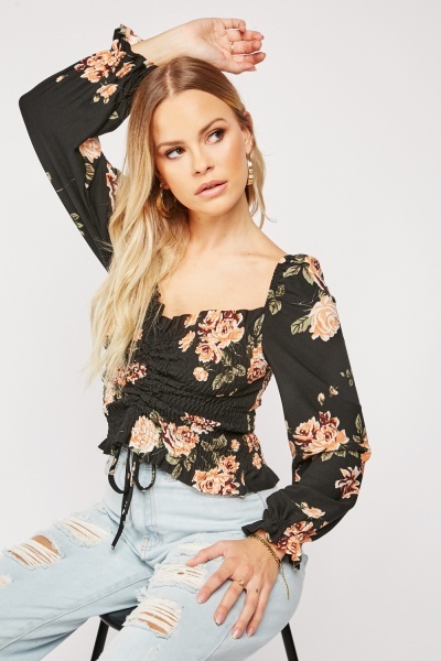 Shirred Front Tie Up Floral Crop Top