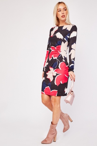 Floral Ruched Side Bodycon Dress