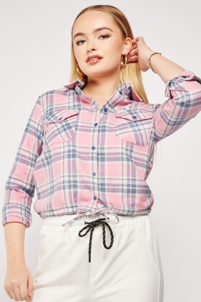 Plaid Waist Drawstring Cotton Shirt