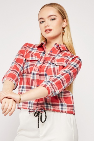 Plaid Waist Drawstring Cotton Shirt