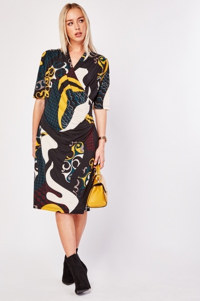 Retro Print Wrap Midi Dress