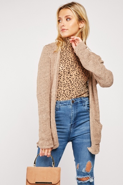 Taupe Knitted Open Front Cardigan