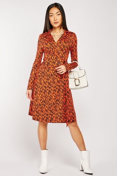 Long Sleeve Printed Wrap Dress