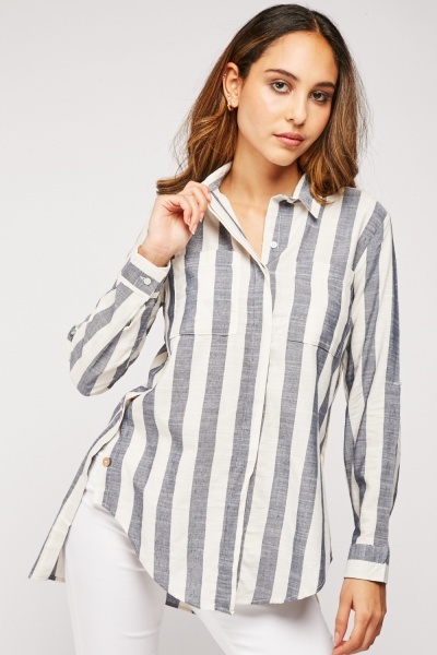 Front Pockets Vertical Striped Cotton Shirt