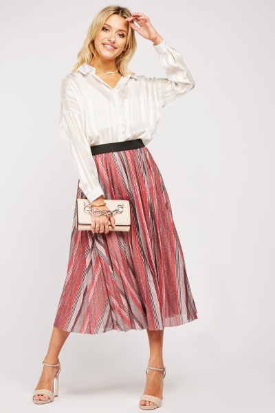 Lurex Insert Striped Midi Skirt