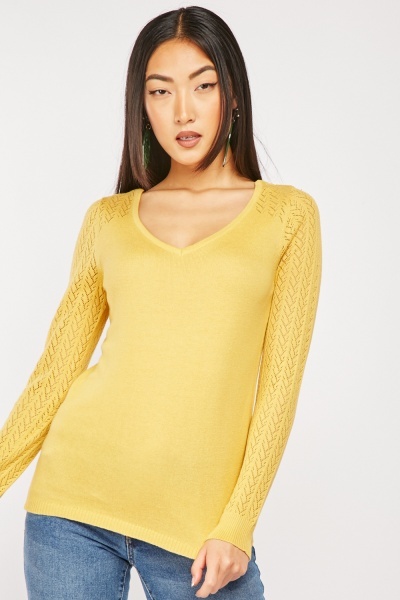 Perforated Sleeve Cotton Knit Top