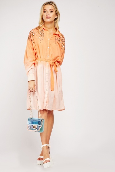 Sequin Panel Ombre Shirt Dress