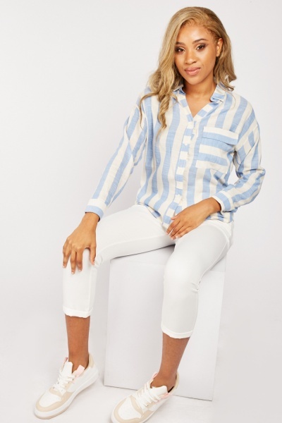 Single Flap Pocket Striped Cotton Shirt