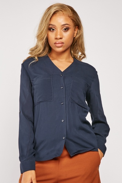 Stitched Front Pockets Cotton Blouse