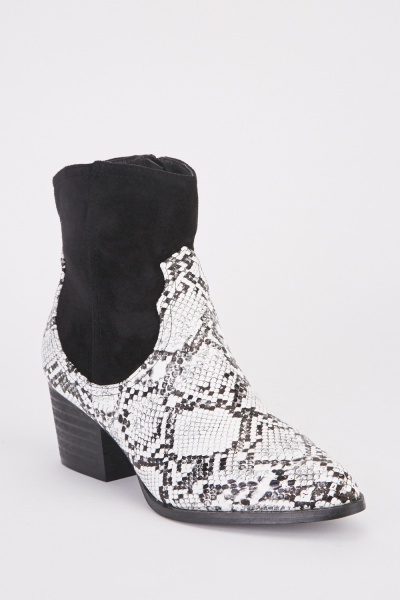 Snake Skin Textured Contrasted Ankle Boots