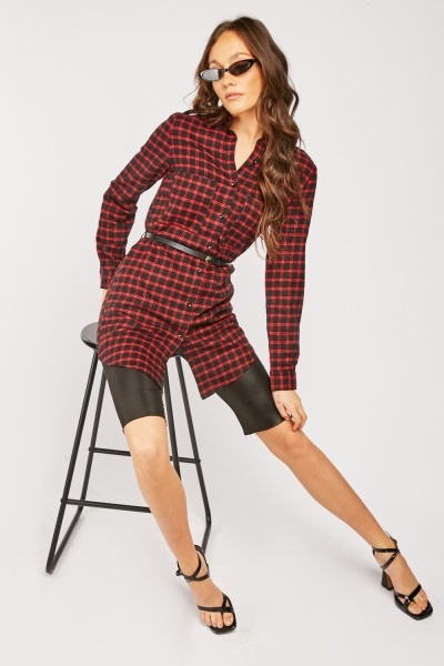 Checkered Belted Long Line Shirt