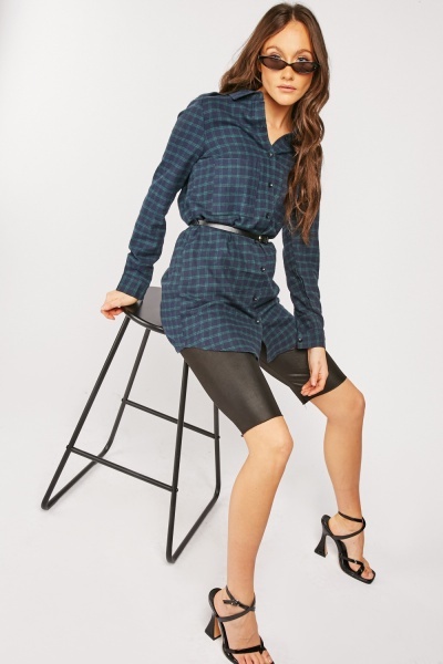 Checkered Belted Long Line Shirt