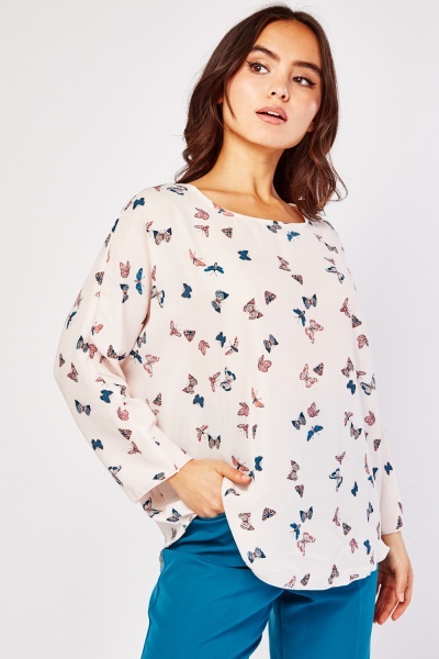 Cut Out Back Butterfly Print Blouse