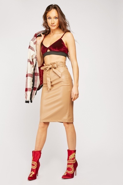 Paperbag Faux Leather Midi Skirt