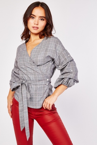 Faux Pearl Gathered Sleeve Wrap Blouse