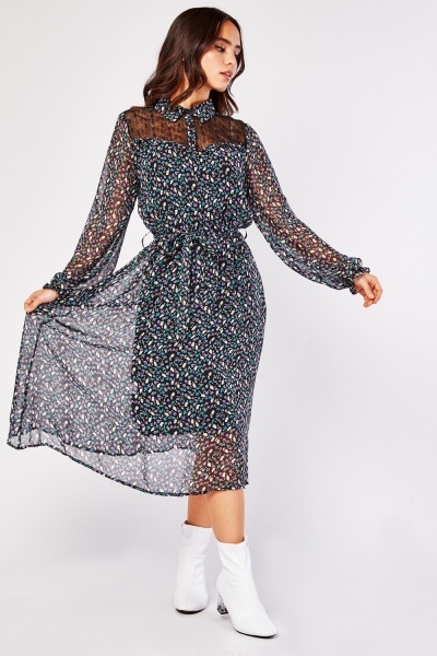 Lace Insert Panel Floral Midi Dress