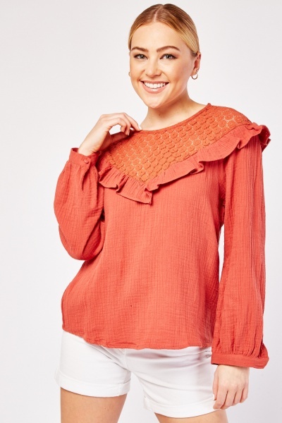 Lace Ruffle Panel Crinkle Blouse