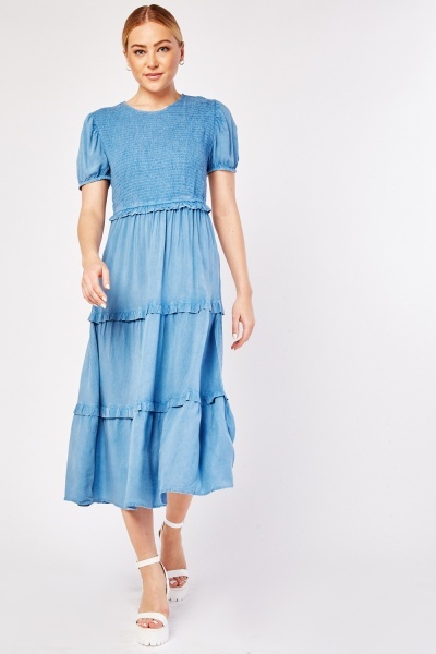 Shirred Panel Ruffle Dress