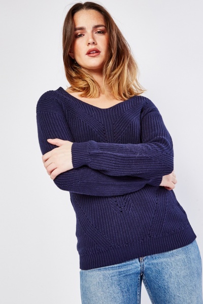Dropped Shoulder Perforated Knitted Jumper