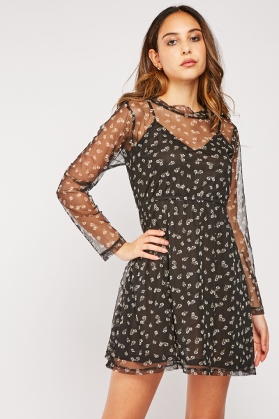 Floral Pattern Overlay Mini Dress