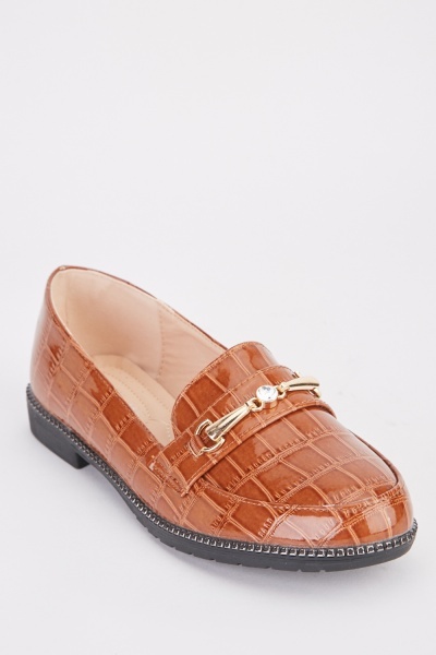 Metallic Detail Mock Croc Loafers