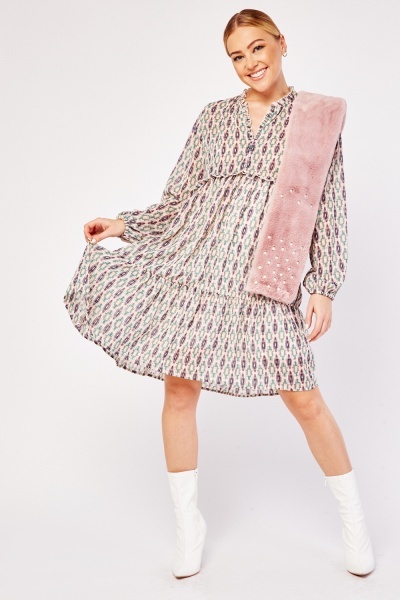 Ruffle Trim Printed Smock Dress