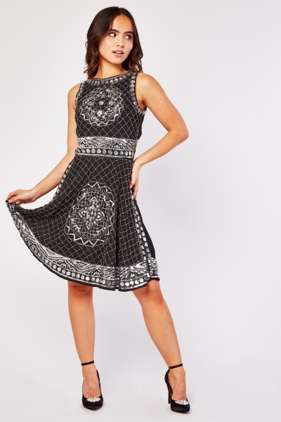 Sequin Stitched Swing Midi Dress