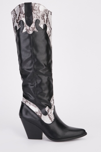 Animal Print Trim Cowboy Heeled Boots