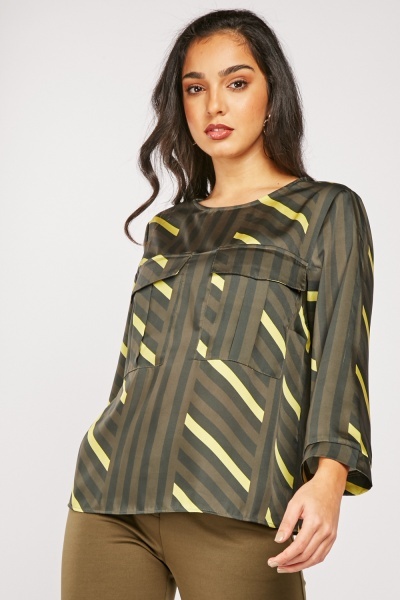 Image of Flap Pockets Striped Blouse