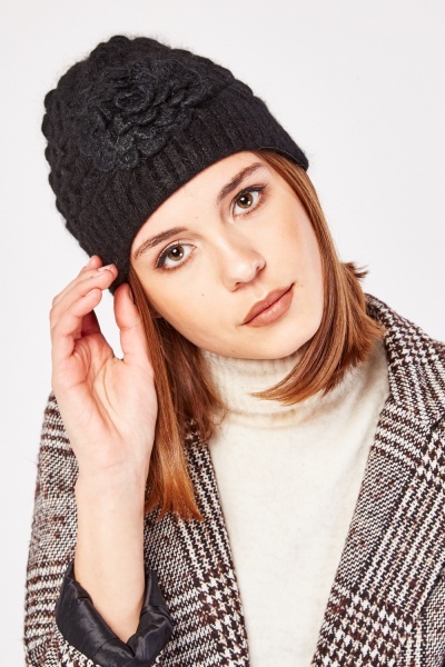 Image of Flower Detail Knitted Beanie Hat