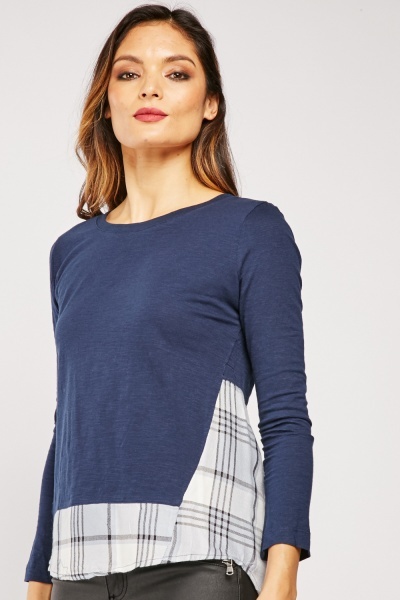 Plaid Contrasted Hem Casual Top