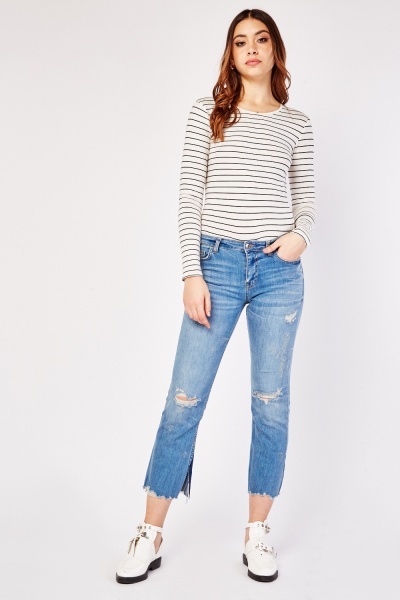 Distressed Ankle Cuff Mid Waist Jeans