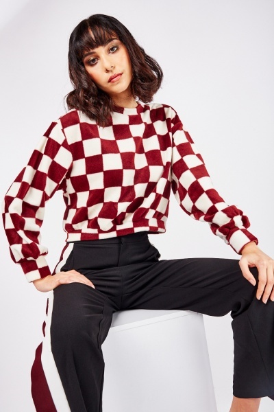 Checkered Textured Cropped Sweater