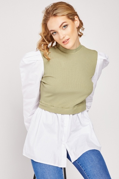Contrasted Gathered Sleeve Top