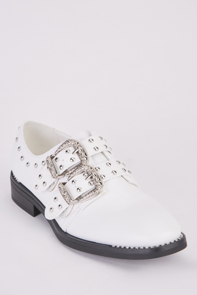 Studded Trim Western Twin Buckle Shoes