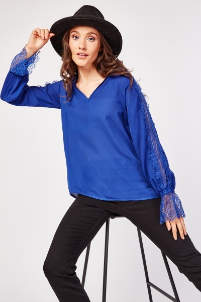 Lace Insert Sleeve Sheer Blouse