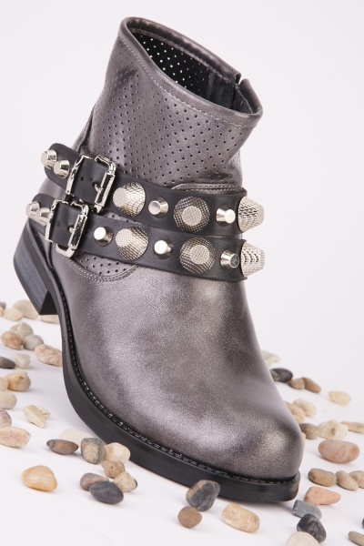 Perforated Panel Studded Strap Ankle Boots