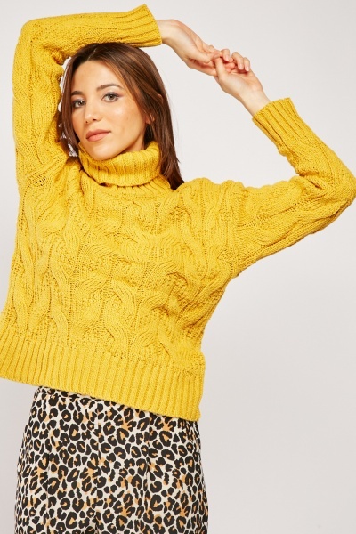 Roll Neck Chunky Cable Knit Jumper - Mustard or Off White - Just $5