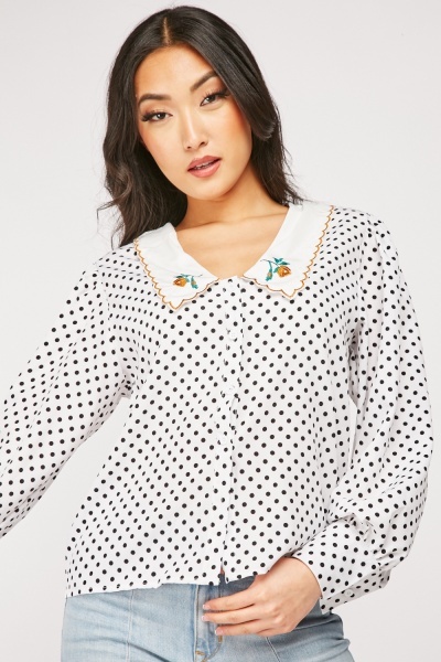 Embroidered Collared Polka Dot Blouse