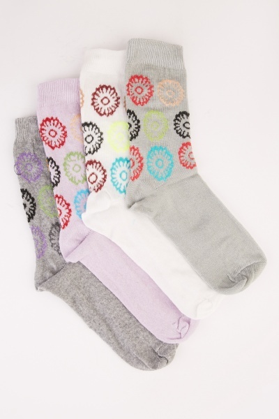 12 Pairs Of Flower Printed Socks