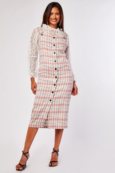 Button Front Pinafore Tweed Dress