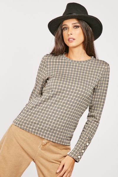 Round Neck Buttoned Cuff Blouse