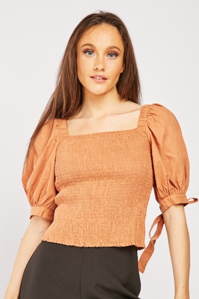 Tie Up Sleeve Shirred Cotton Top