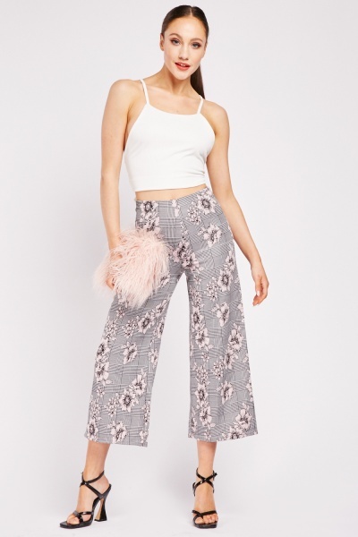 Checkered Pattern Elasticated Cropped Trousers