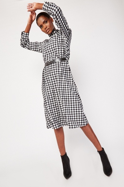 Fitted Long Sleeve Checkered Dress