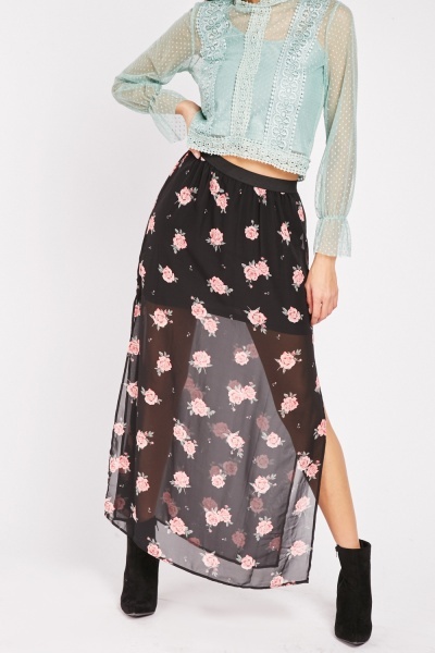 Rose Print Chiffon Skirt