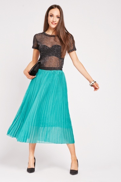 Lurex Waist Pleated Midi Skirt