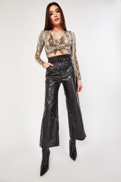 Belted Paper Bag Faux Leather Trousers