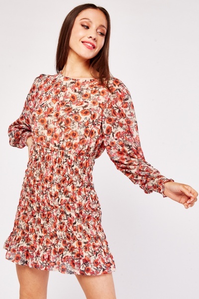 Poppy Flower Print Shirred Dress