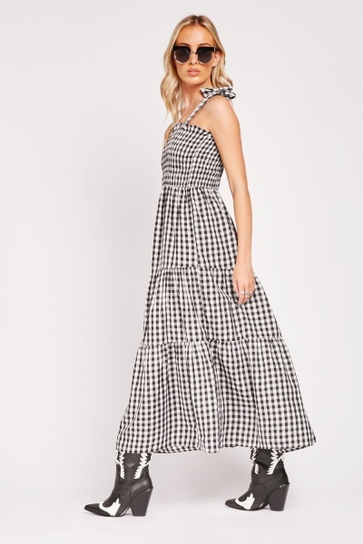 Shirred Tiered Gingham Dress